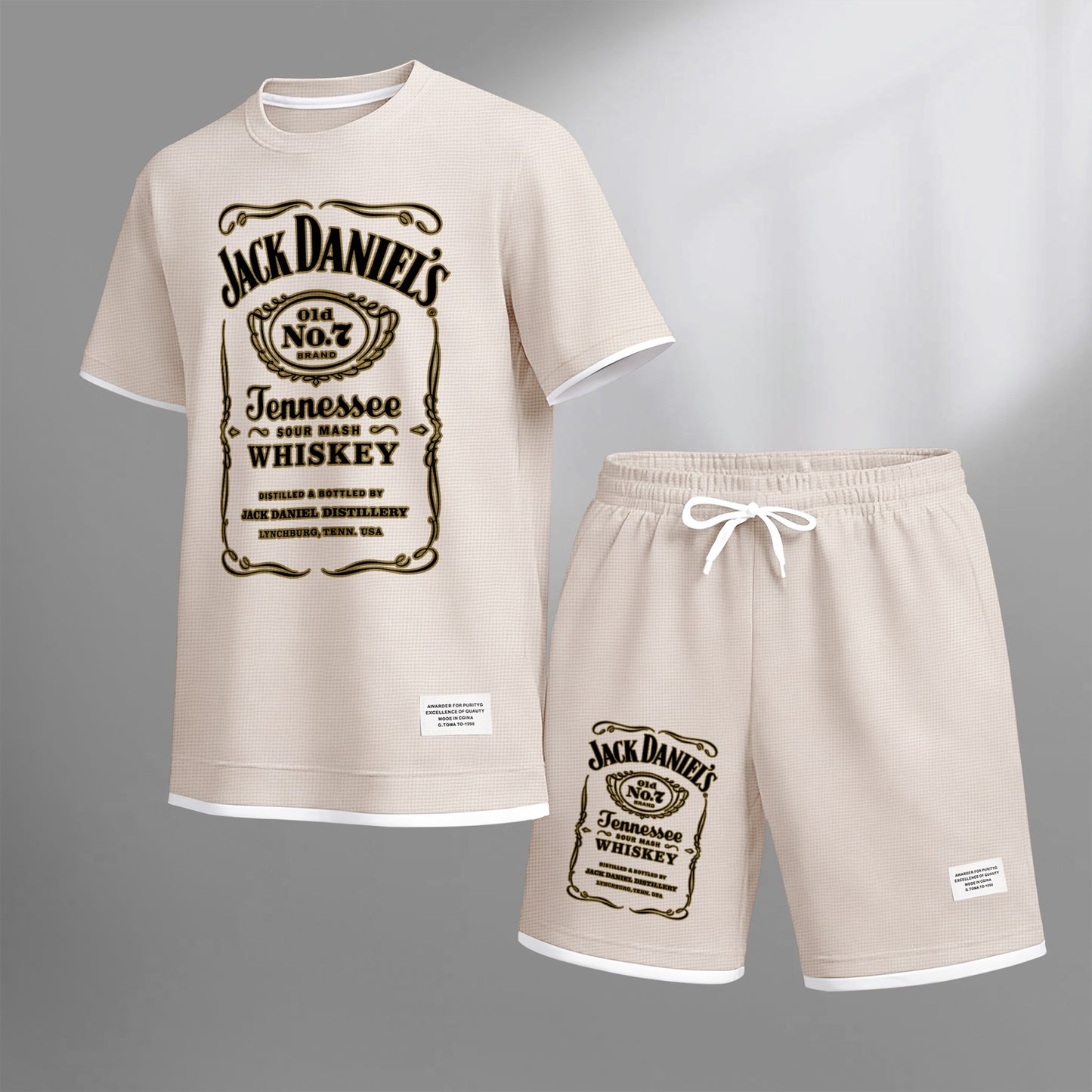 Men's Beer And Beverage Printed Drawstring Shorts Set, Suitable For Spring And Summer Wear, Casual Summer Set, Including Short-Sleeved Shirt And Shorts, Suitable For Everyday Wear And Sports 03