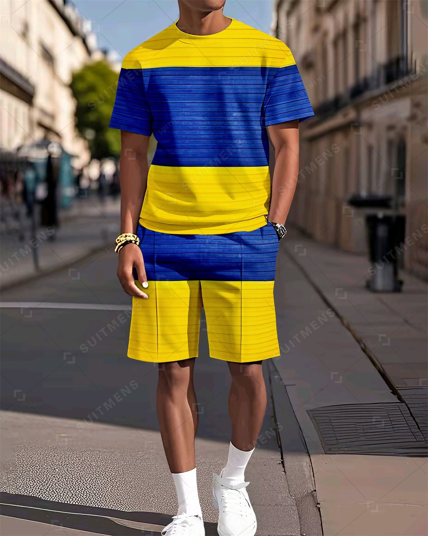 Men's Colorblock Printed Casual Summer Round Neck Set 2025