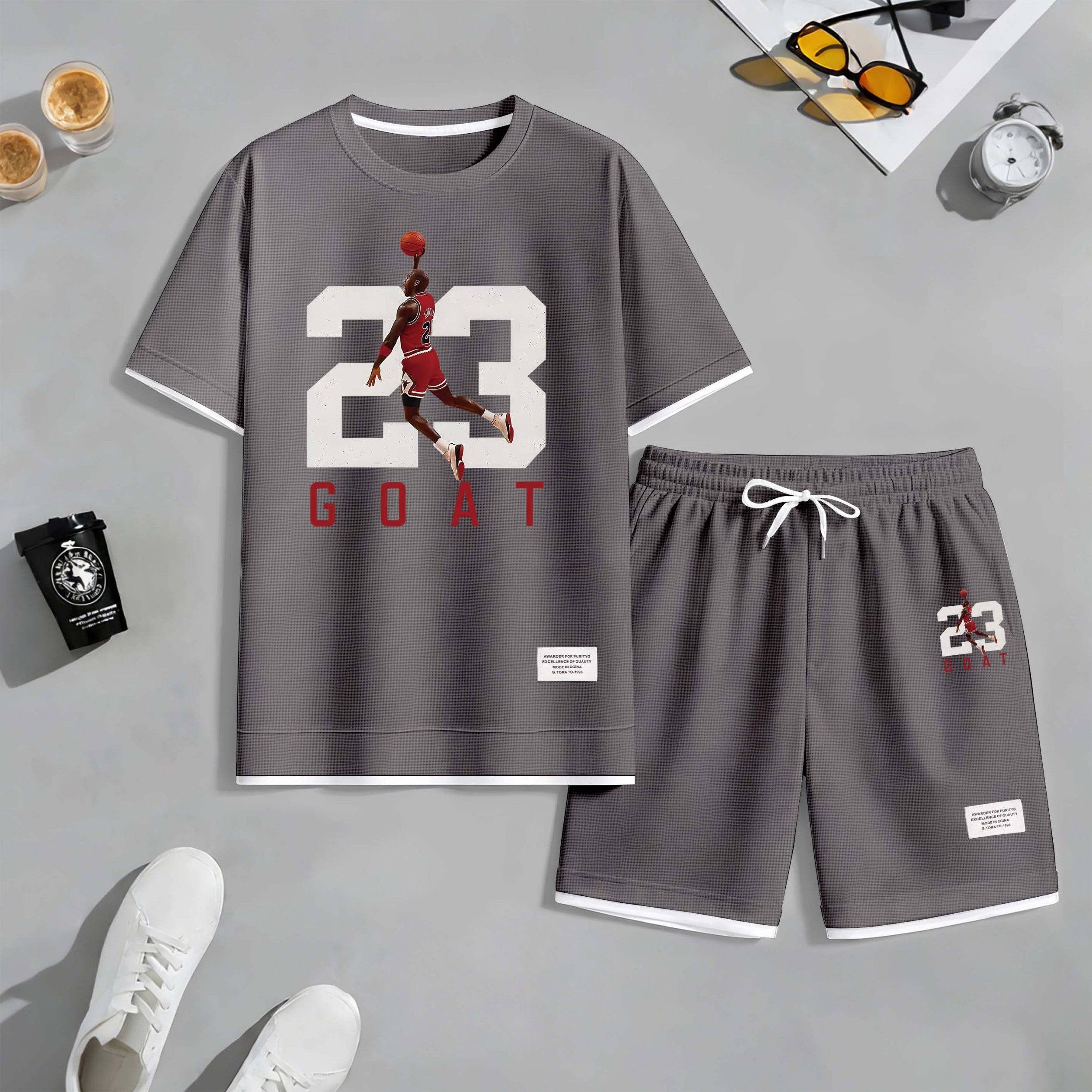 Men's Basketball 23 Print Drawstring Shorts Set For Spring/Summer. A Casual Summer Outfit, Including A Short-Sleeved Shirt And Shorts, Suitable For Everyday Wear And Sports. A Two-Piece Set For A Relaxed And Energetic Lifestyle.