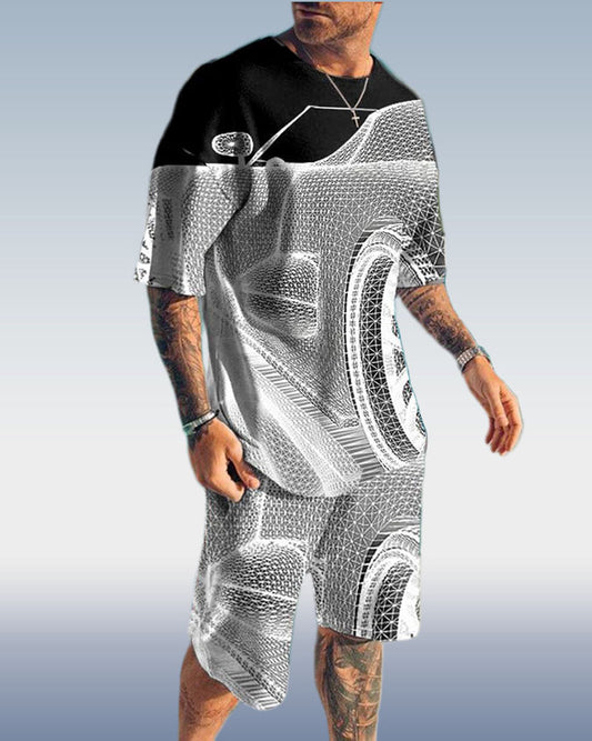 Men's Fashion 3D Printing Short Sleeve Two-Piece Suit 3 Colors