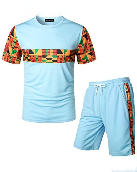 Men's Printed Colorblock T-Shirt and Shorts Set 028