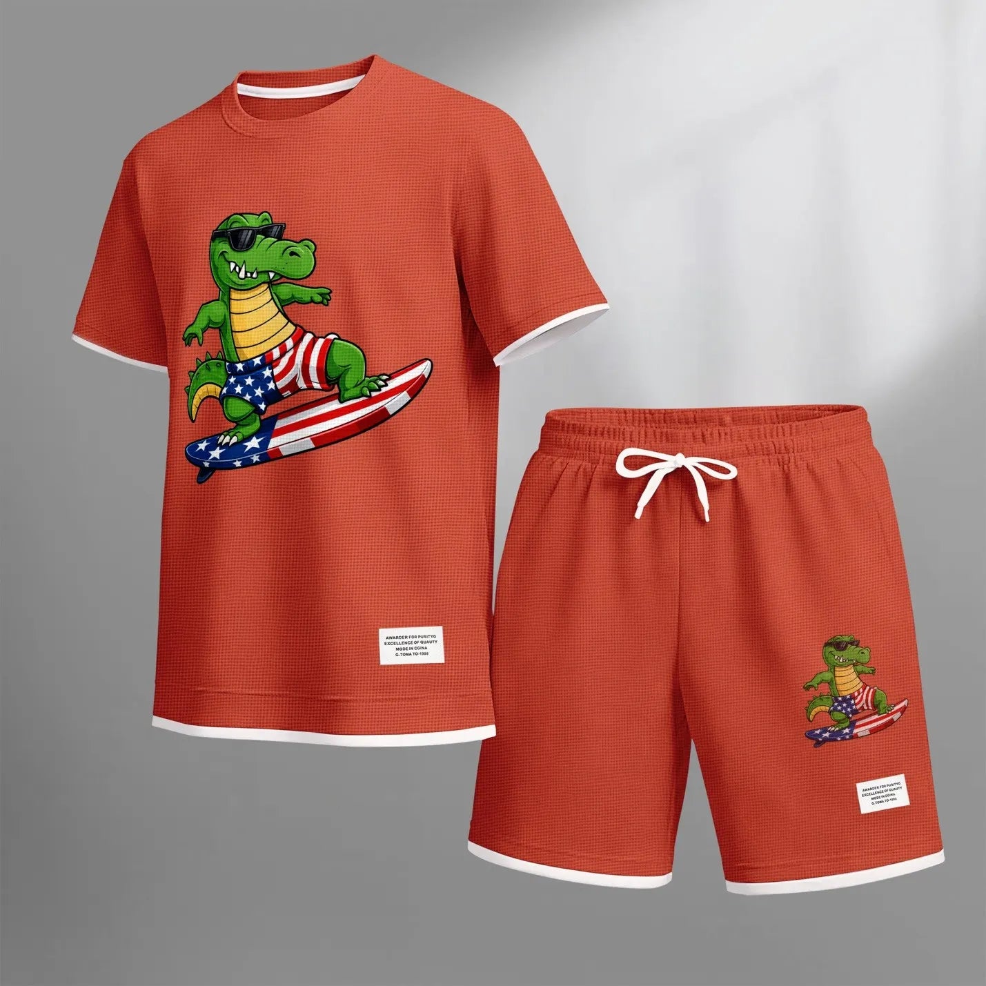 Men's Amusing Animals print drawstring shorts set for spring/summer, a casual summer outfit including a short-sleeved shirt and shorts, suitable for everyday wear and sports. A two-piece set for a relaxed and energetic lifestyle.