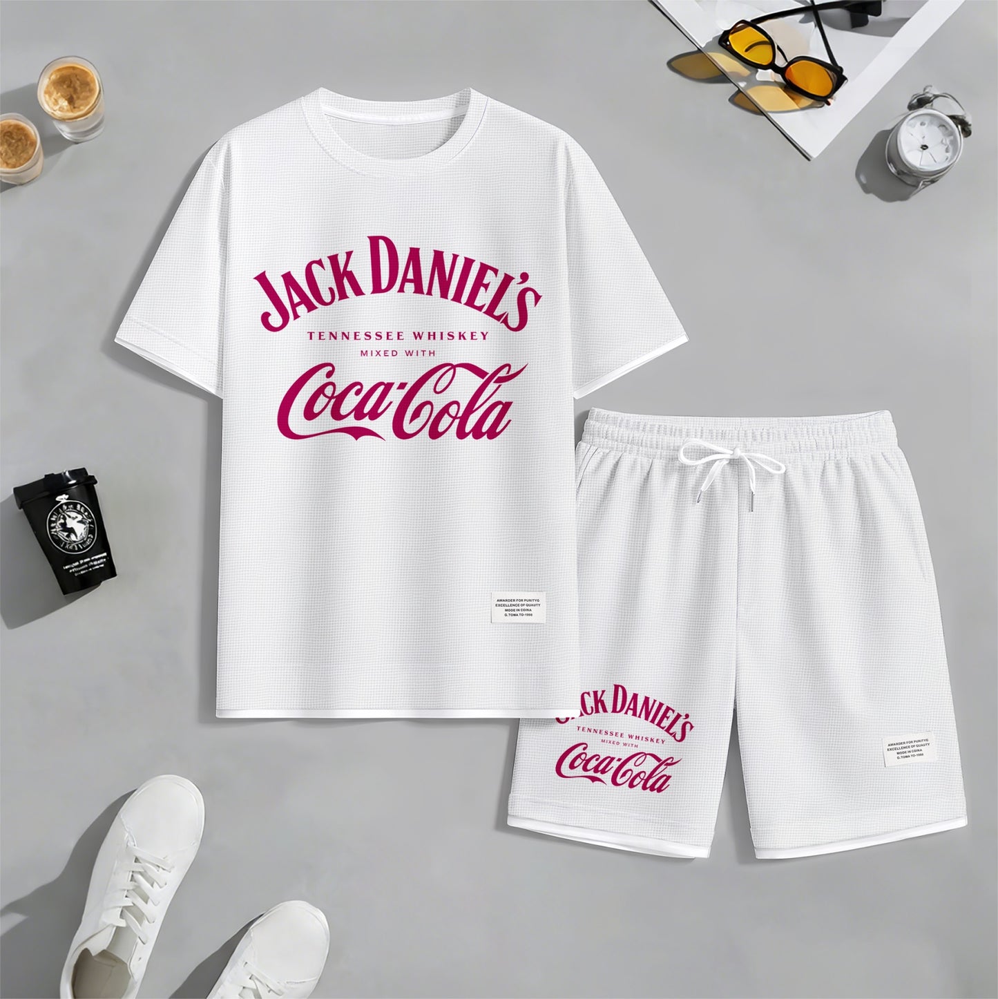 Men's Beer Print Drawstring Shorts Set, Suitable For Spring And Summer Wear, Casual Summer Set, Including Short-Sleeved Shirt And Shorts, Suitable For Everyday Wear And Sports 08