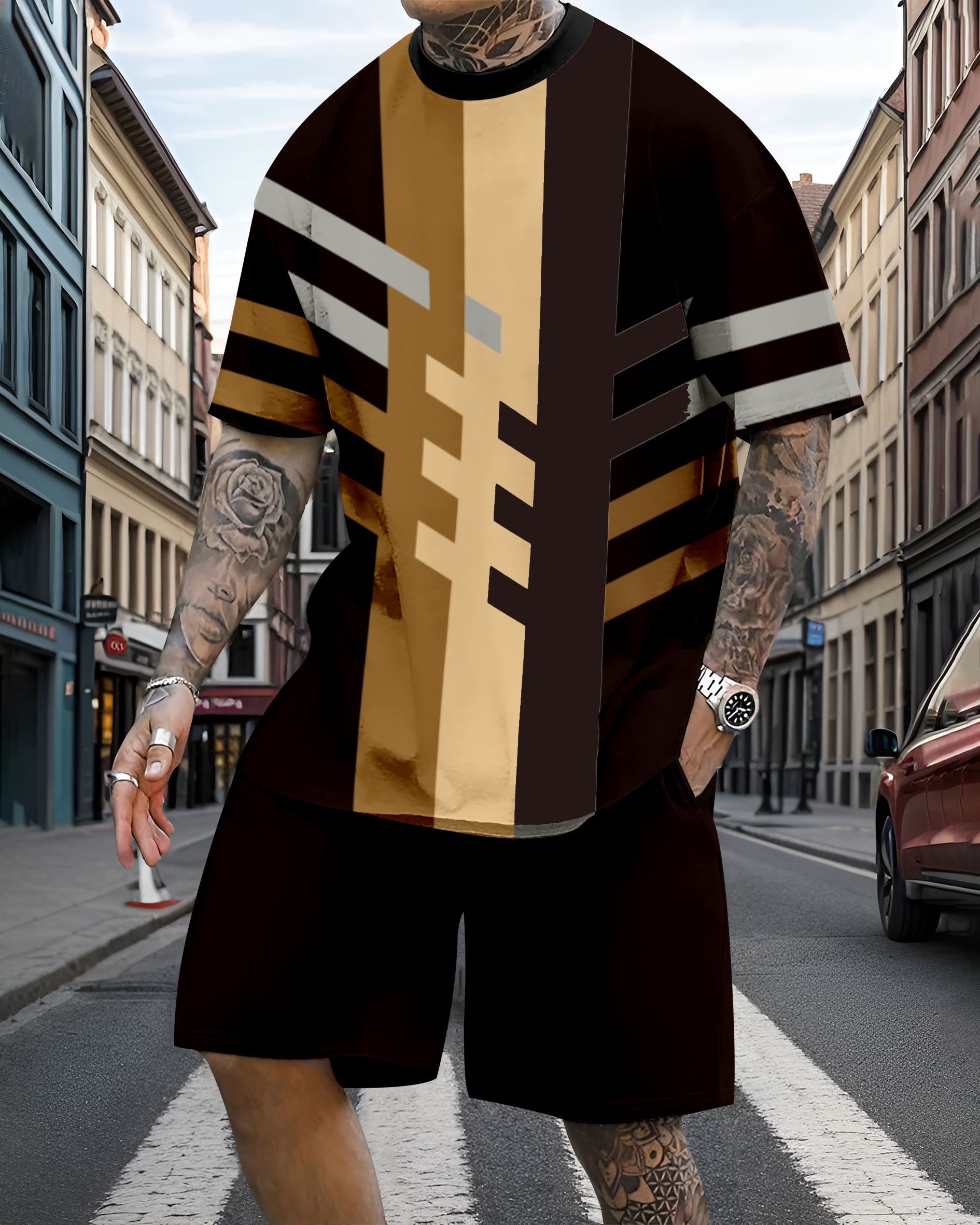 Men's casual colorblock print shorts set 597