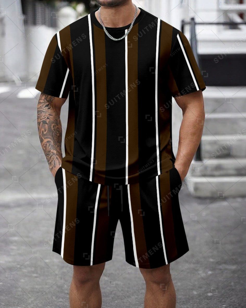 Men's Summer Colorblock Printed Round Neck Set 460
