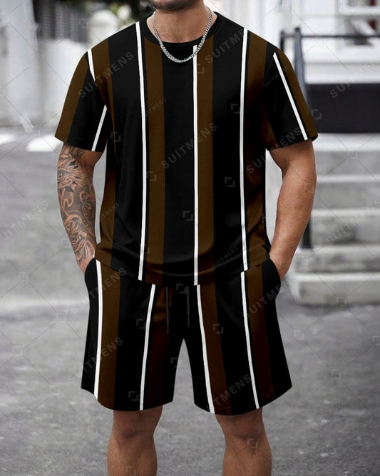 Men's Summer Colorblock Printed Round Neck Set 460