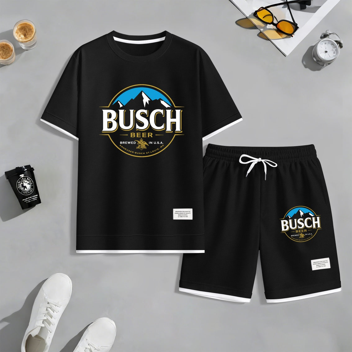 Men's Retro Draft Beer Print Waffle Fabric Short-Sleeved Shirt And Shorts Set