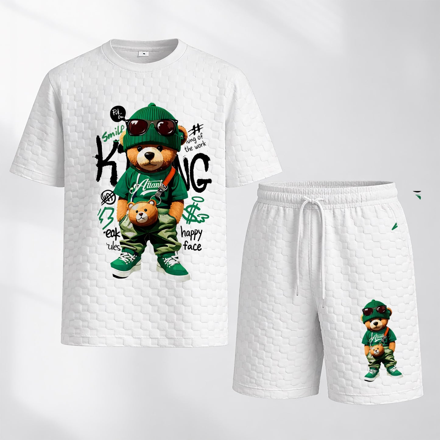 Men's Bear Graphic Print Spring And Summer Drawstring Shorts Set, A Casual Summer Outfit, Including A Short-Sleeved Shirt And Shorts, Suitable For Everyday Wear And Sports Activities.