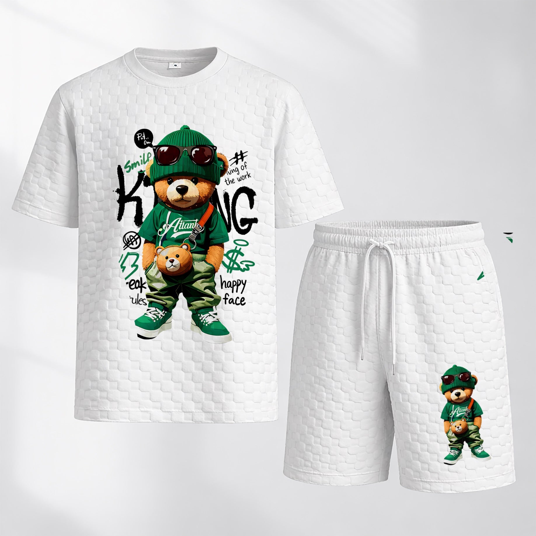 Men's Bear Graphic Print Spring And Summer Drawstring Shorts Set, A Casual Summer Outfit, Including A Short-Sleeved Shirt And Shorts, Suitable For Everyday Wear And Sports Activities.