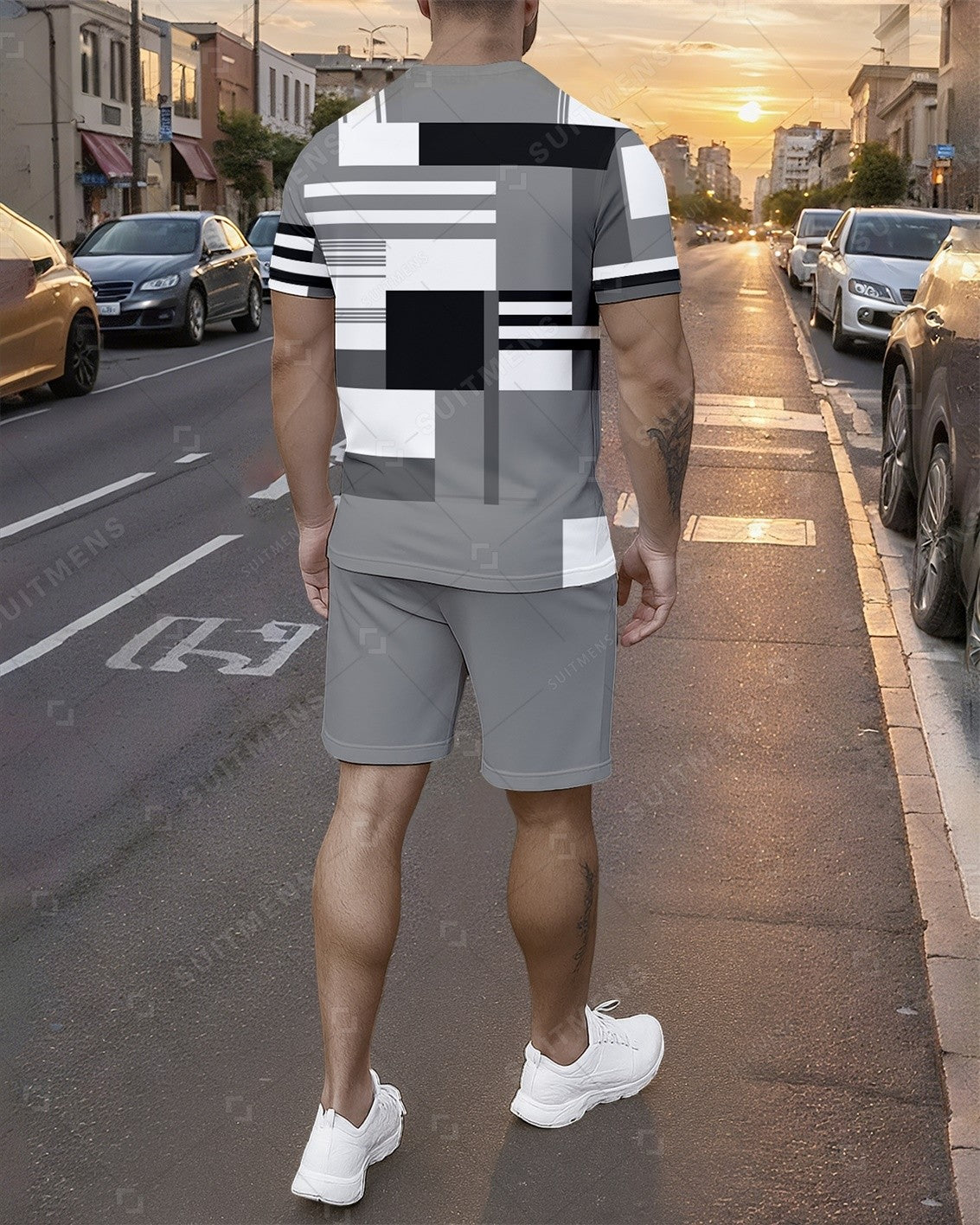 Men's Summer Colorblock Printed Round Neck Set 754