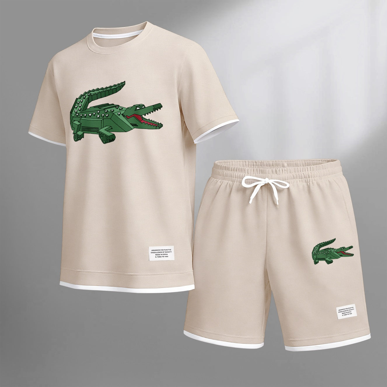 Men's Mechanical Crocodile Print Waffle Fabric Short-Sleeved Shirt And Shorts Set