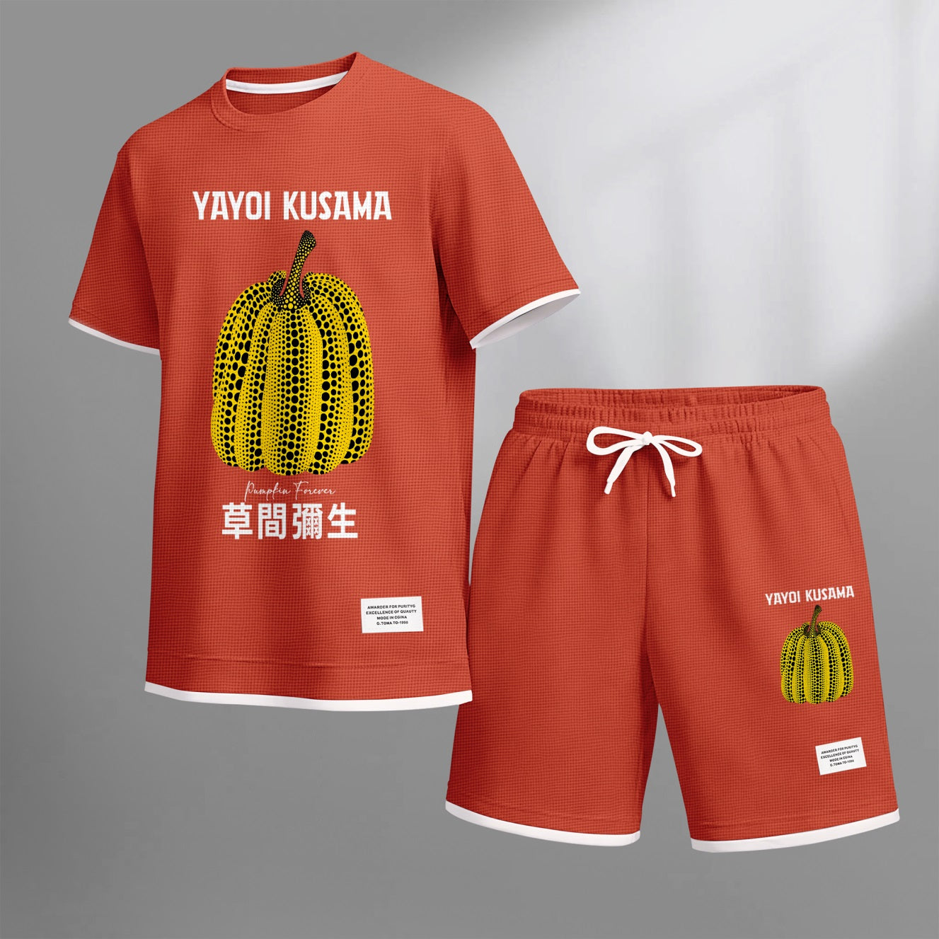 Men's Polka-Dot Pumpkin Print Waffle Fabric Short-Sleeved Shirt And Shorts Set 02