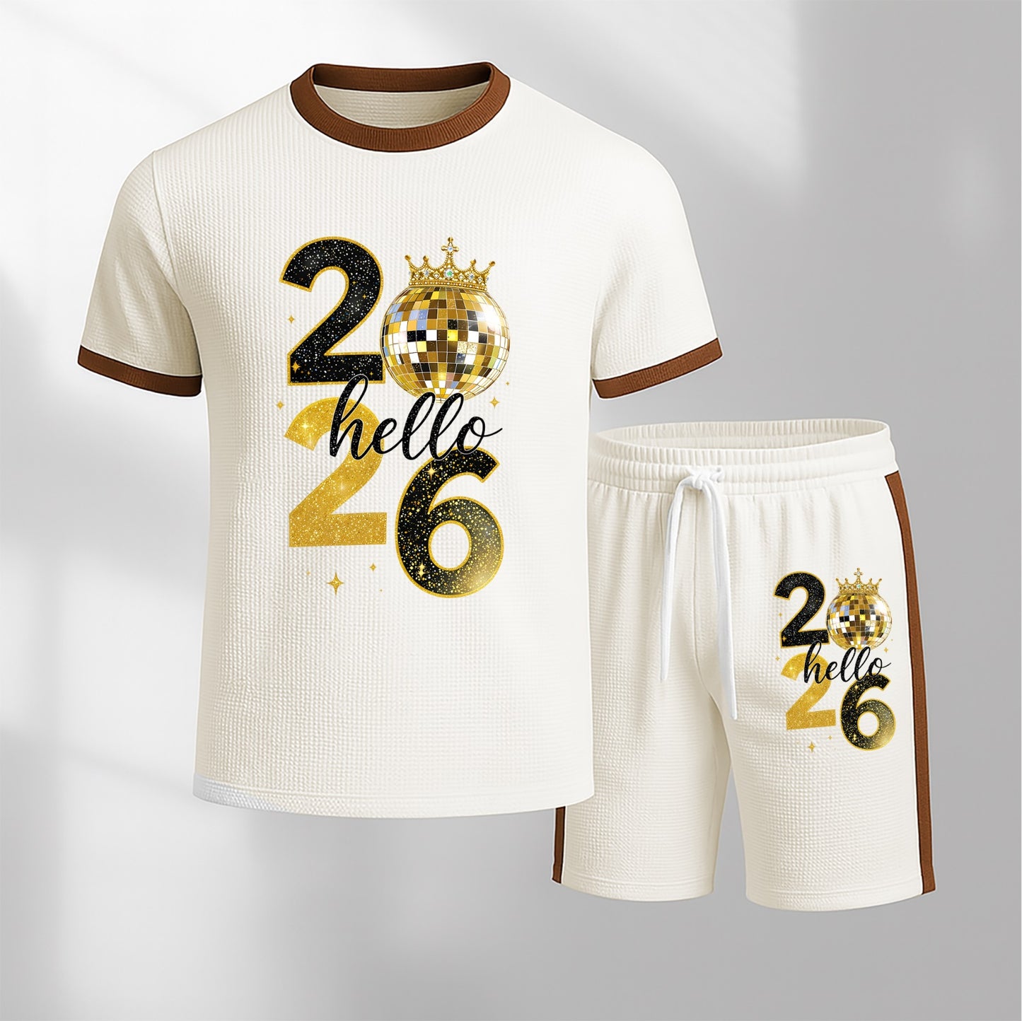 Men's 2026 Pattern Short-Sleeve T-Shirt and Drawstring Shorts Set, Men's Clothing, Casual Sporty Short-Sleeve Top and Shorts, Summer Men's Everyday Wear, Indoor and Outdoor Sportswear, Athletic Set