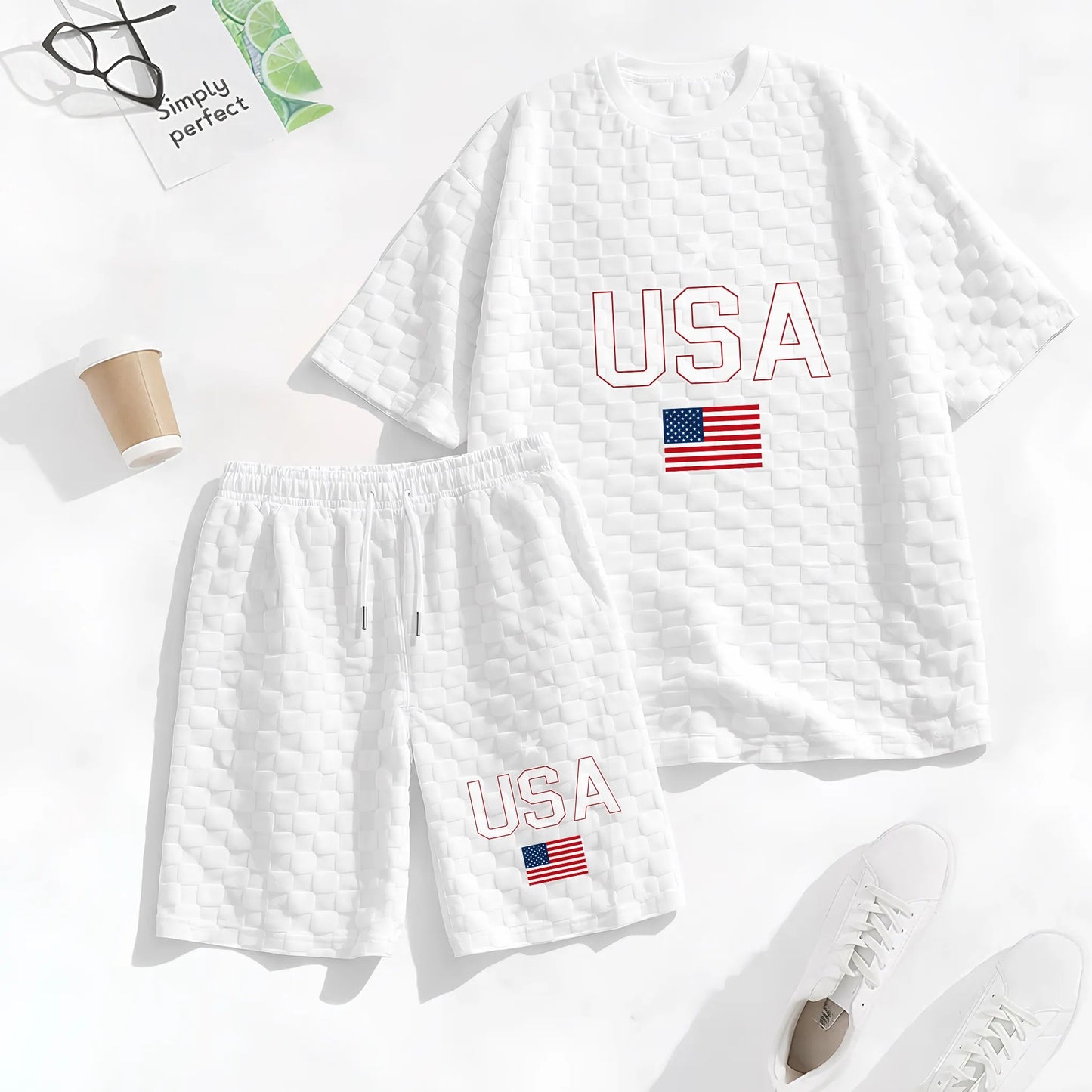 Men's Spring and Summer USA Letter Print with Flag Checkered Fabric Drawstring Shorts Set, Casual Summer Outfit with Short-Sleeved Shirt and Shorts, Ideal for Everyday Wear and Sports Activities
