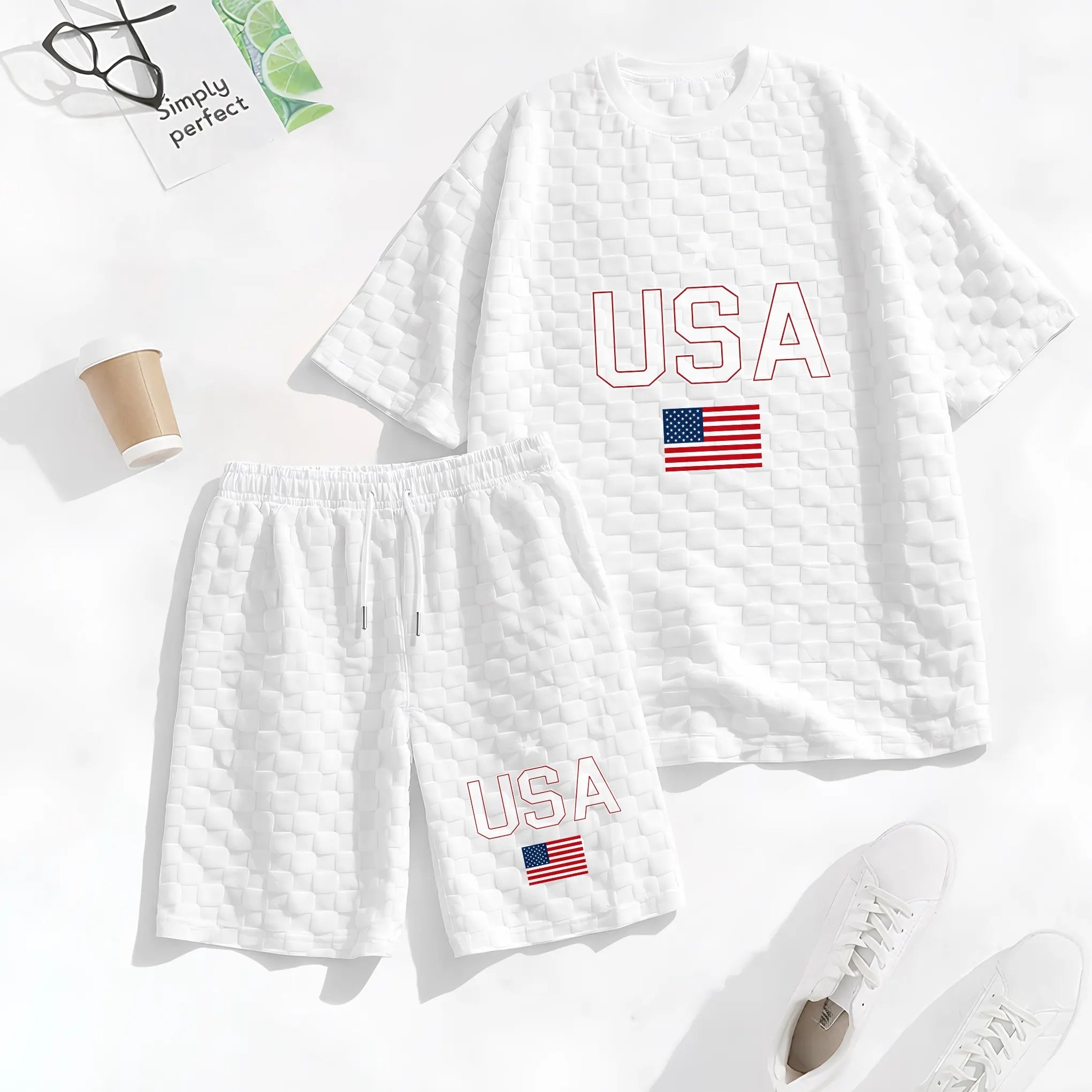 Men's Spring and Summer USA Letter Print with Flag Checkered Fabric Drawstring Shorts Set, Casual Summer Outfit with Short-Sleeved Shirt and Shorts, Ideal for Everyday Wear and Sports Activities