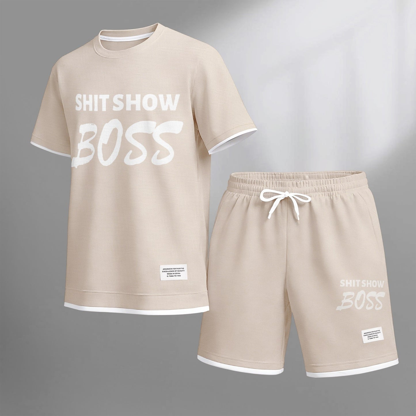 Men's Boss print drawstring shorts set for spring/summer, a casual summer outfit including a short-sleeved shirt and shorts, suitable for everyday wear and sports. A two-piece set for a relaxed and energetic lifestyle.