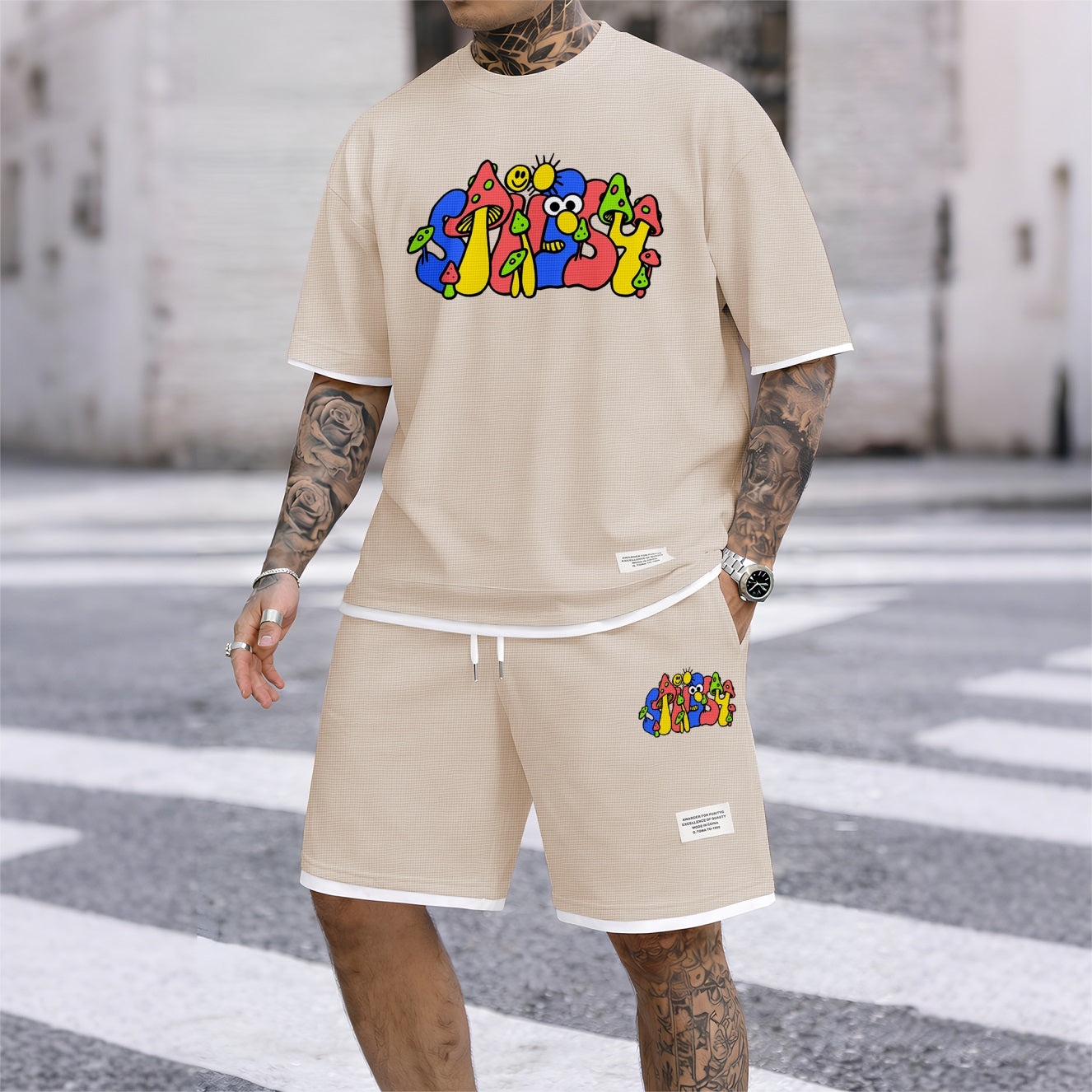 Men's Cartoon Mushroom Doodle Print Waffle Fabric Short-Sleeved Shirt And Shorts Set