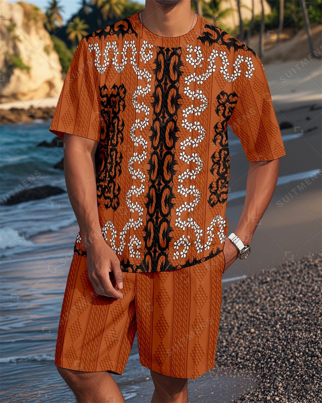 Men's Crew Neck Jacquard Textured Print Shorts Set  001