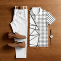 Men's Casual Black & White Color Matching Geometric Printed Short Sleeved Polo Shirt & Trousers Two-Piece Set