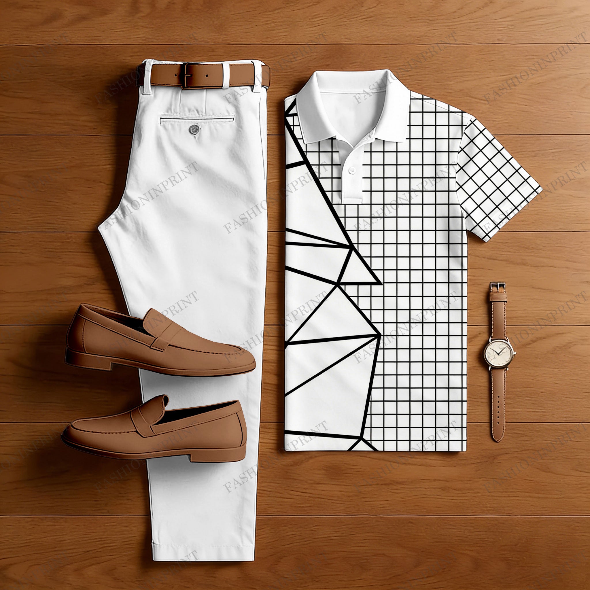 Men's Casual Black & White Color Matching Geometric Printed Short Sleeved Polo Shirt & Trousers Two-Piece Set