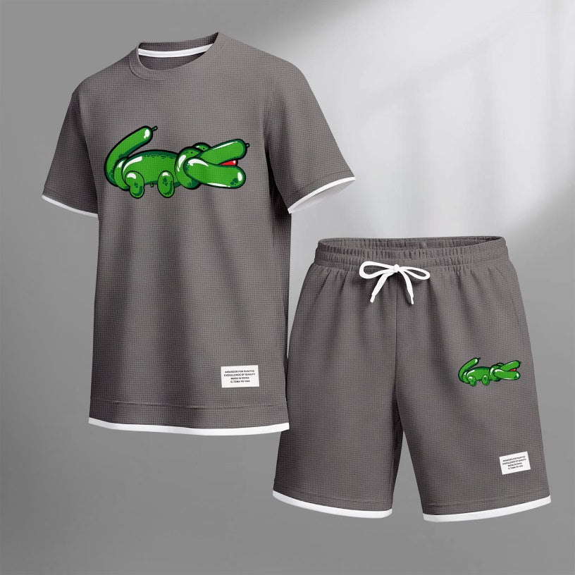 Men's Balloon Crocodile Print Waffle Fabric Short-Sleeved Shirt And Shorts Set