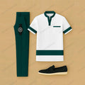 Men's Casual Dark Green & White Color Matching Short Sleeved Henry Collar T-Shirt & Trousers Two-Piece Set 202690