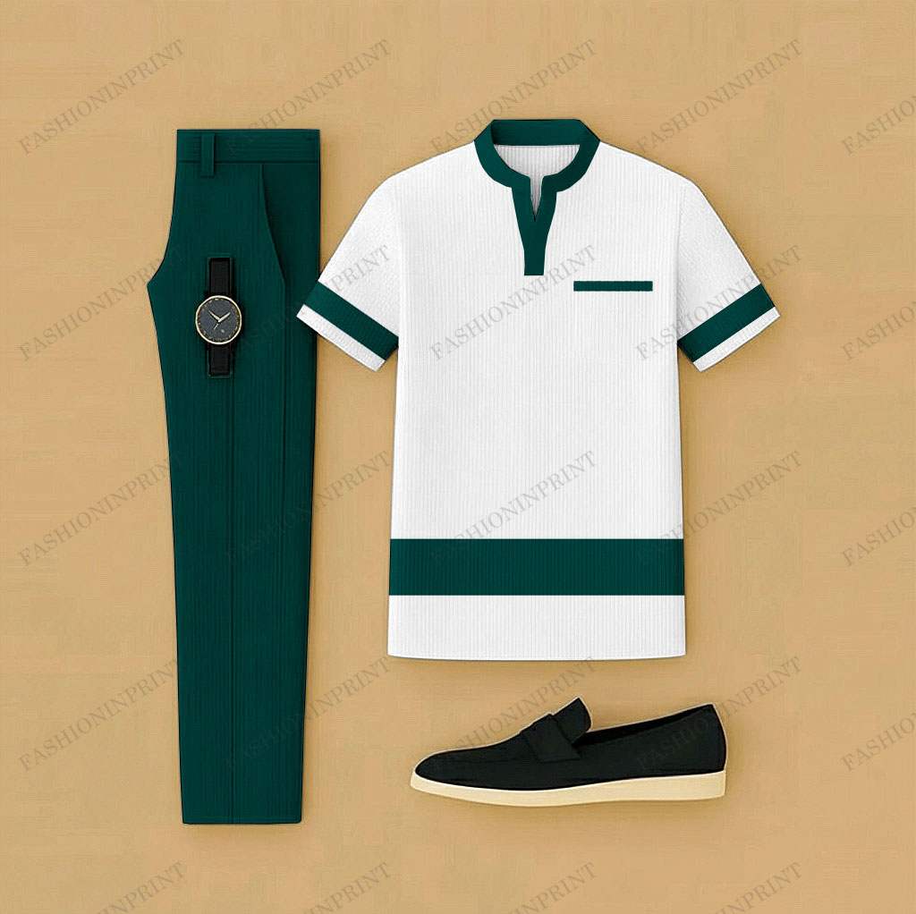 Men's Casual Dark Green & White Color Matching Short Sleeved Henry Collar T-Shirt & Trousers Two-Piece Set 202690
