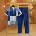 Men's Casual Denim Blue Color Matching Checkered Printed Zipper Short Sleeved Polo Shirt & Trousers Two-Piece Set 198422