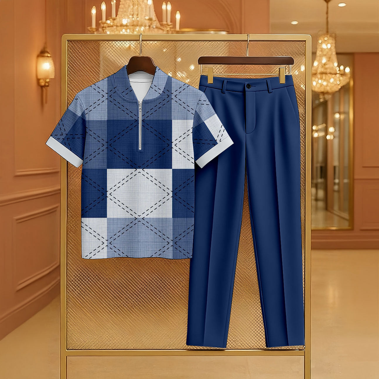 Men's Casual Denim Blue Color Matching Checkered Printed Zipper Short Sleeved Polo Shirt & Trousers Two-Piece Set 198422