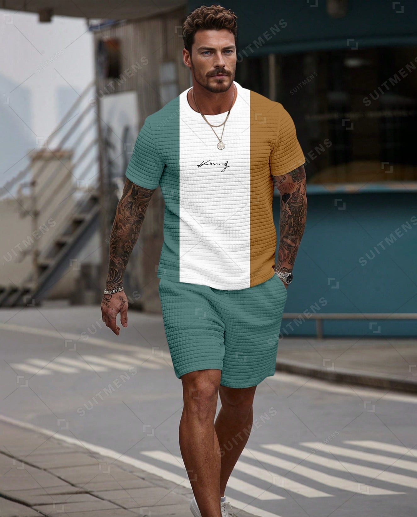 Men's Casual Waffle Textured Summer Round Neck Short Sleeve Shorts Set 005