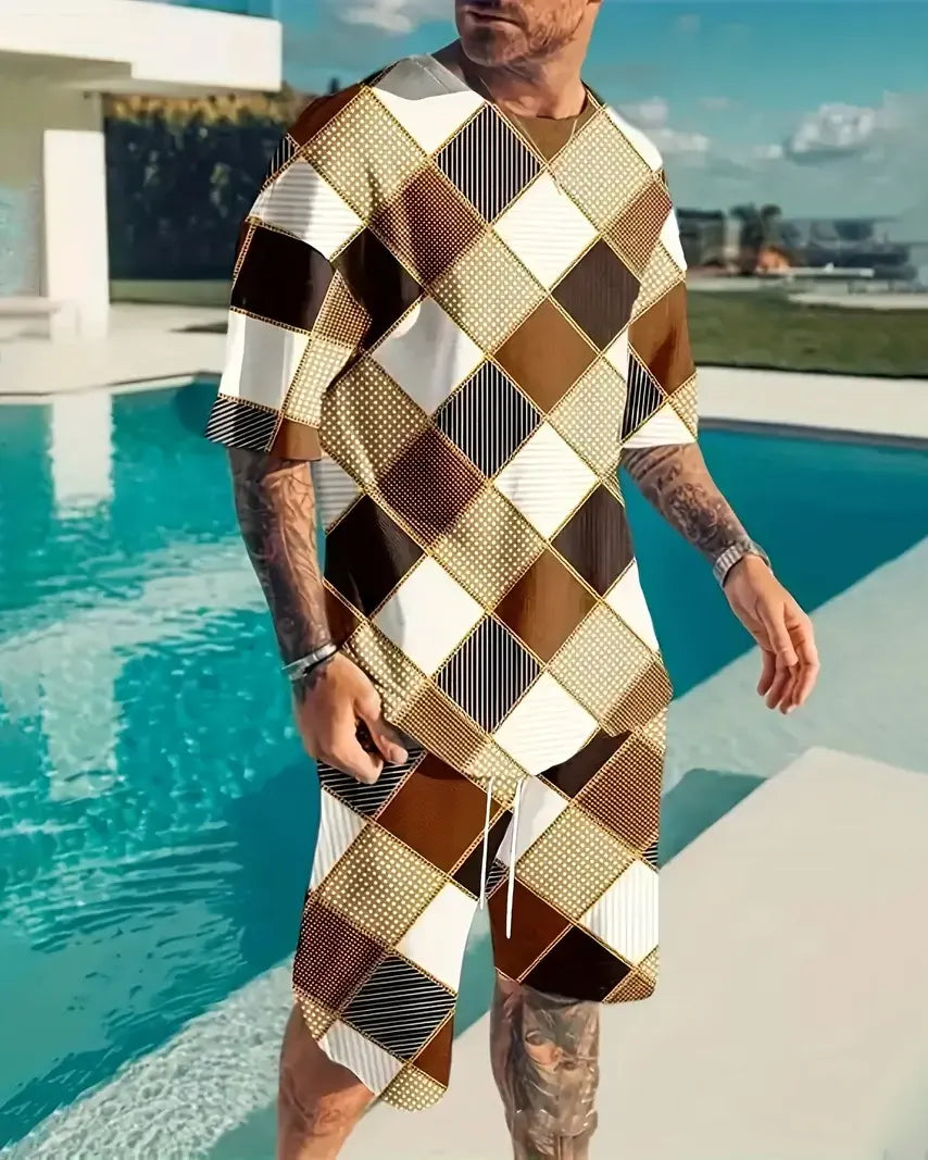 Men's casual plaid printed shorts Set 560