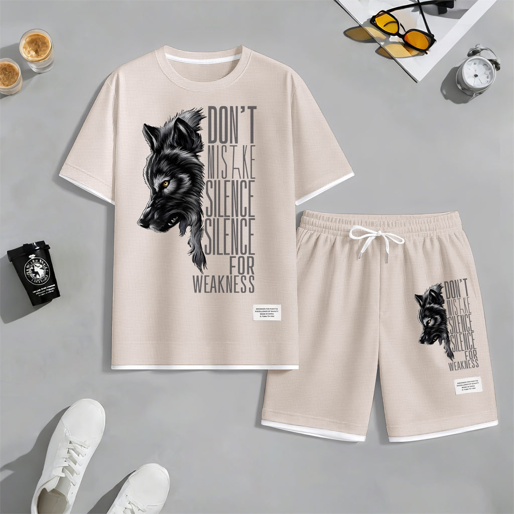 Men's Howling Wolf & "Don't Mistake Silence For Weakness" Quote Graphic Print Waffle Short Sleeve T-Shirt & Shorts Set, Summer Lightweight Casual Sporty Two-Piece Outfit