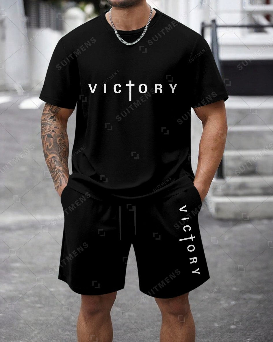 Men's Summer Colorblock Printed Round Neck Set 467