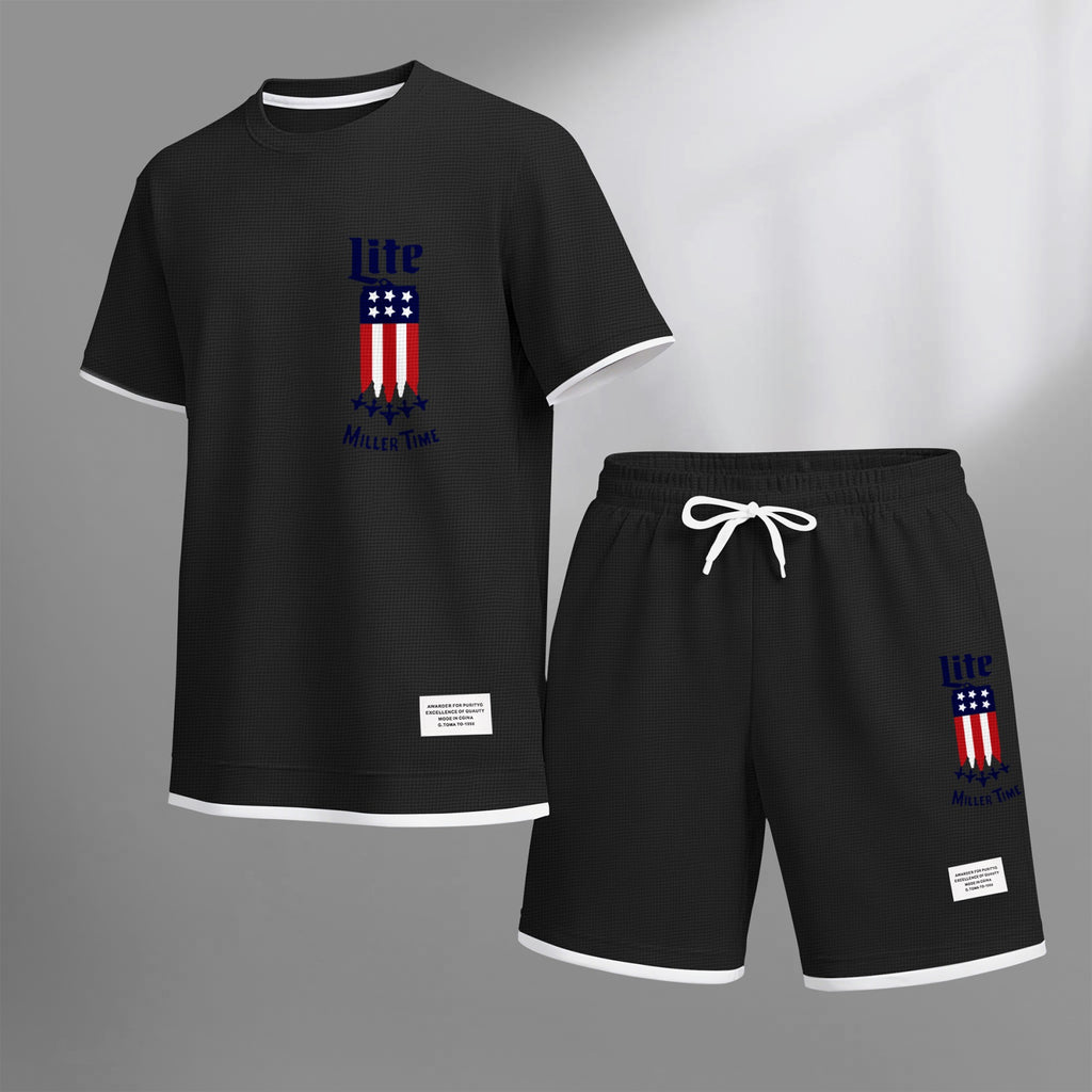 Men's Beer And Beverage Printed Drawstring Shorts Set, Suitable For Spring And Summer Wear, Casual Summer Set, Including Short-Sleeved Shirt And Shorts, Suitable For Everyday Wear And Sports 012