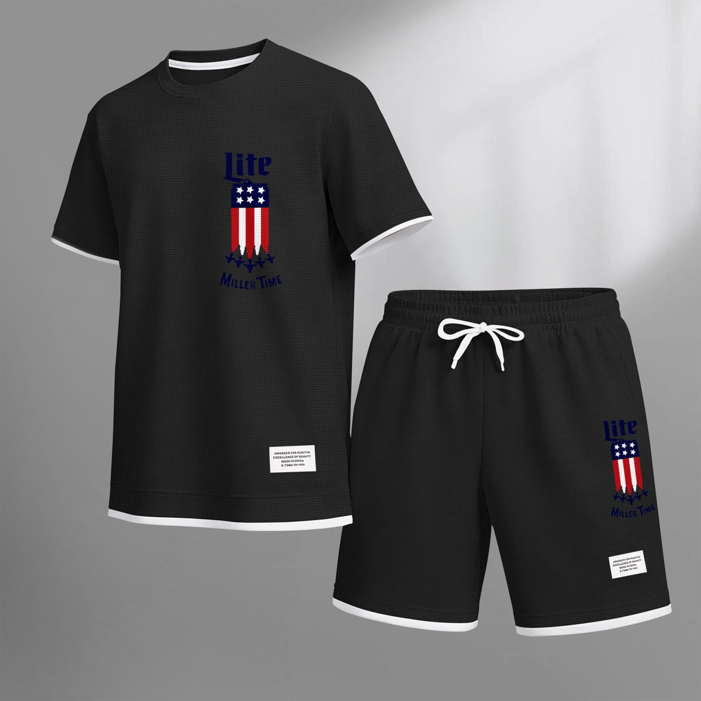 Men's Beer And Beverage Printed Drawstring Shorts Set, Suitable For Spring And Summer Wear, Casual Summer Set, Including Short-Sleeved Shirt And Shorts, Suitable For Everyday Wear And Sports 012