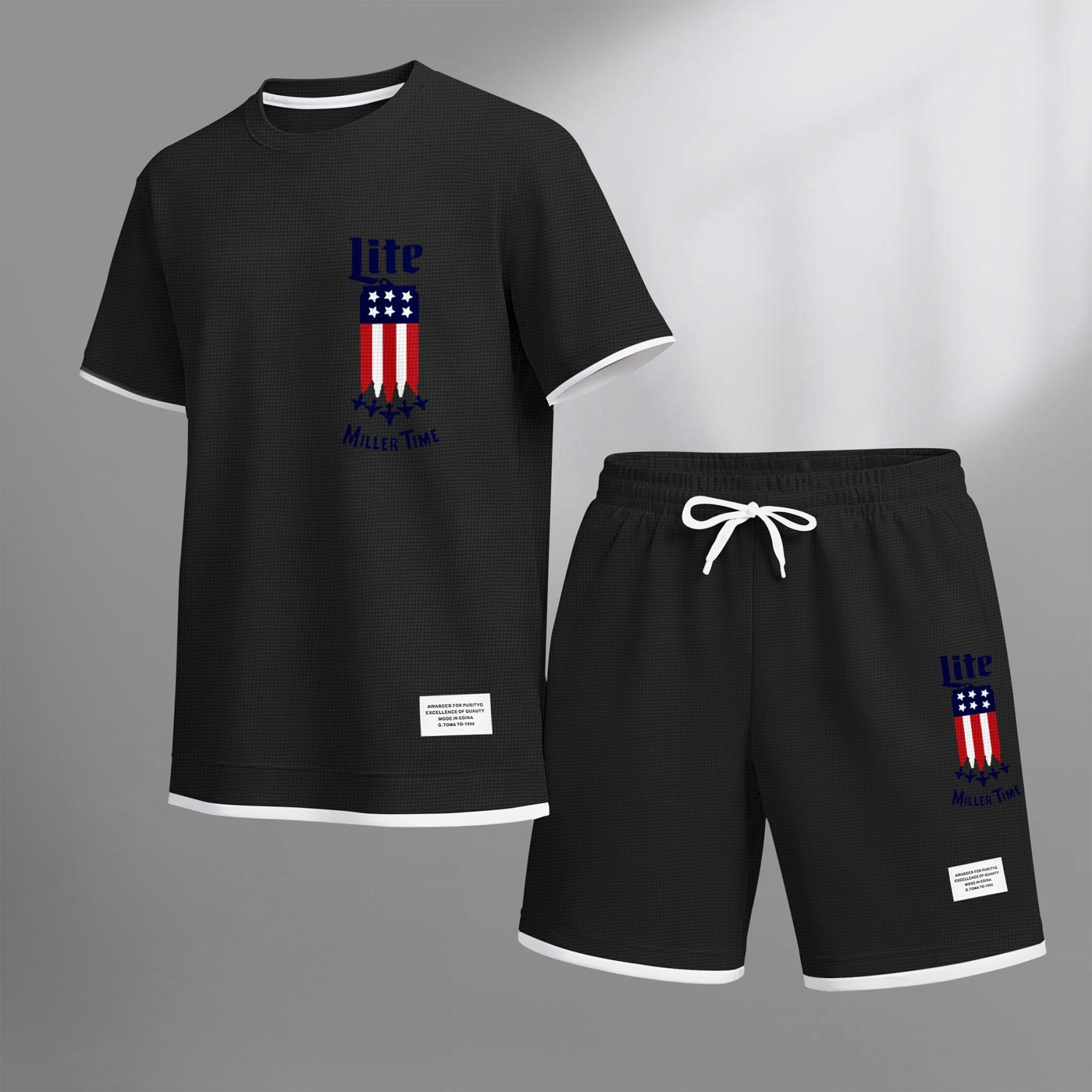 Men's Beer And Beverage Printed Drawstring Shorts Set, Suitable For Spring And Summer Wear, Casual Summer Set, Including Short-Sleeved Shirt And Shorts, Suitable For Everyday Wear And Sports 012