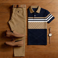Men's Casual Navy Blue & Tan Color Matching Retro Style Patchwork Printed Short Sleeved Polo Shirt & Trousers Two-Piece Set 203120