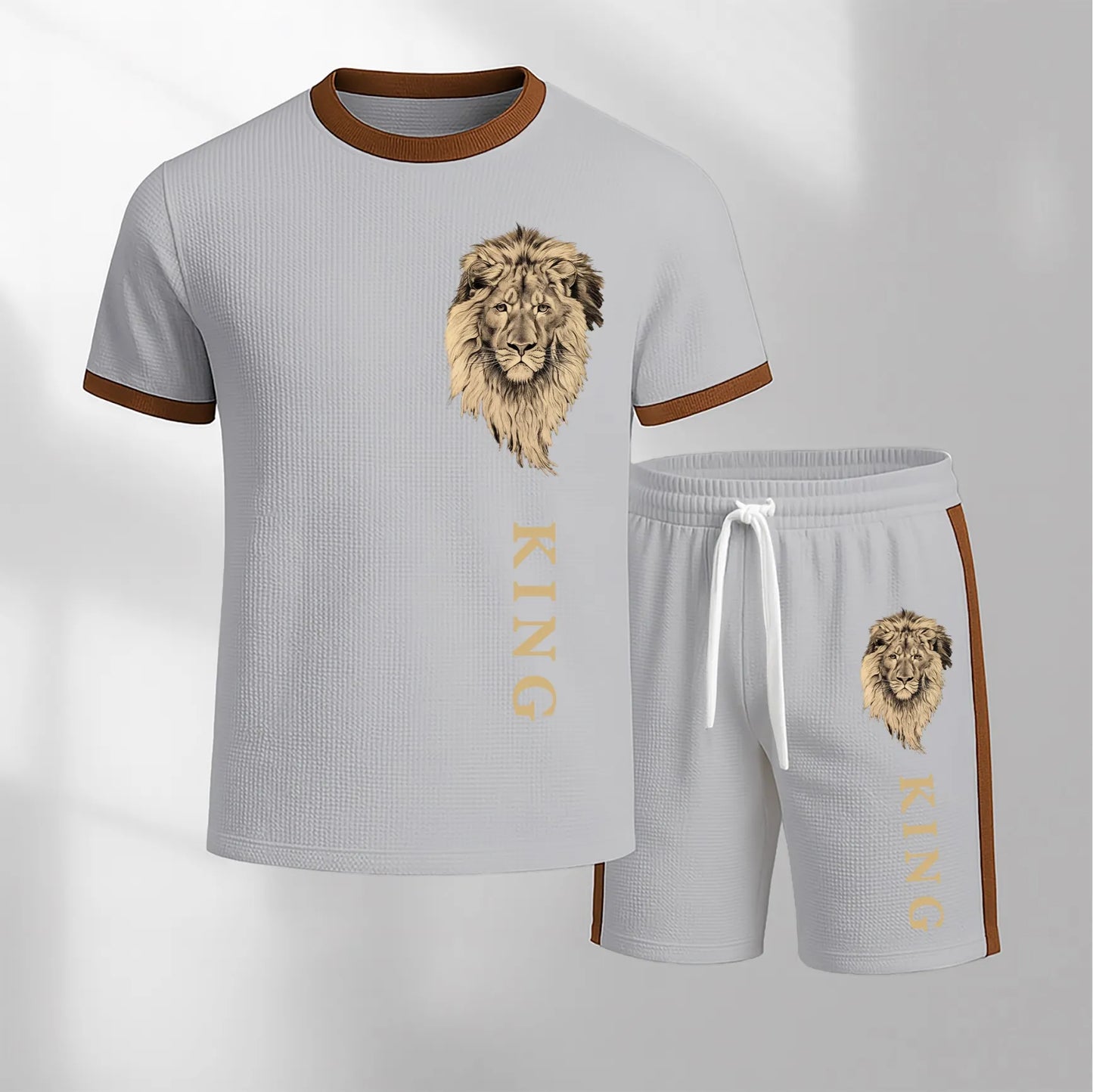 Men's King Pattern Short-Sleeved T-Shirt And Drawstring Shorts Set, Men's Casual Sportswear, Short-Sleeved Top And Shorts, Summer Men's Everyday Wear, Indoor And Outdoor Athletic Wear, Sports Set