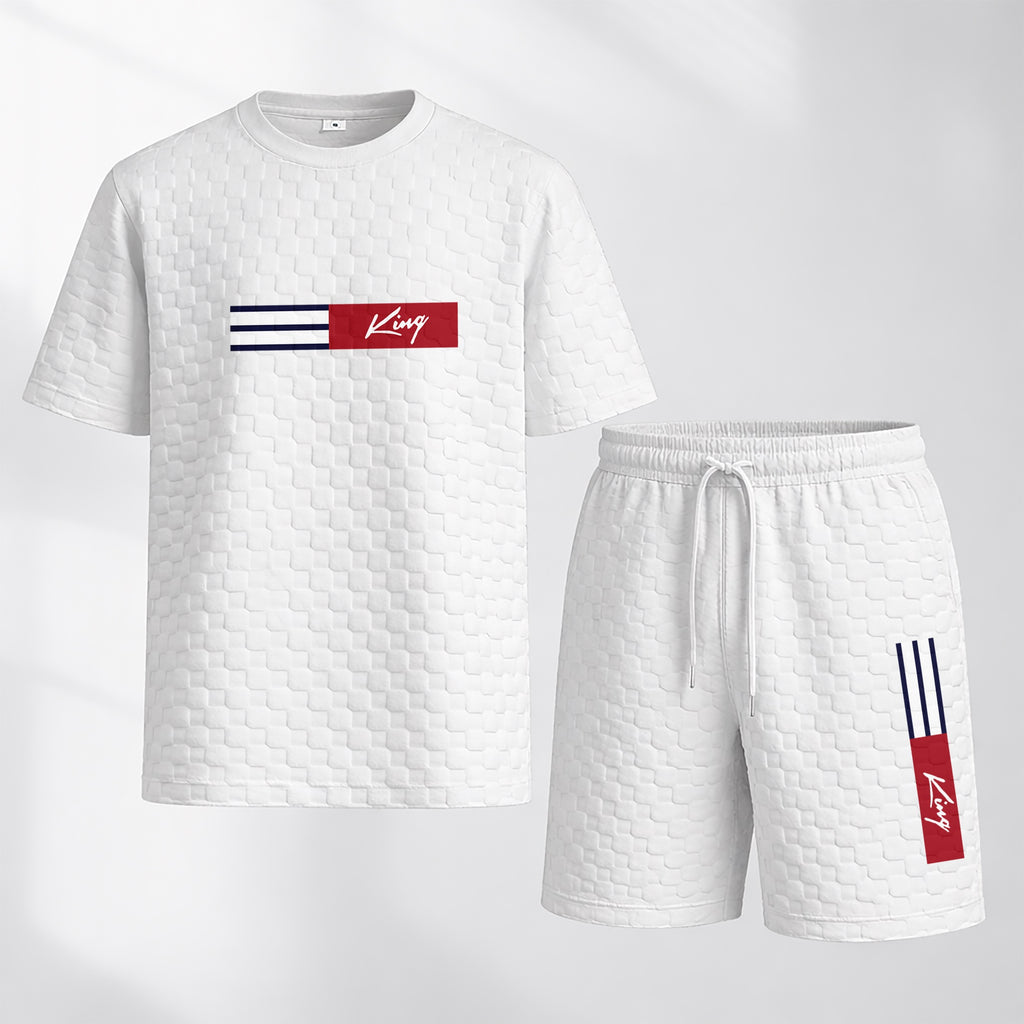 Men's Spring and Summer 'King' Letter Print Checkered Fabric Drawstring Shorts Set, Casual Summer Outfit with Short-Sleeved Shirt and Shorts, Ideal for Everyday Wear and Sports Activities