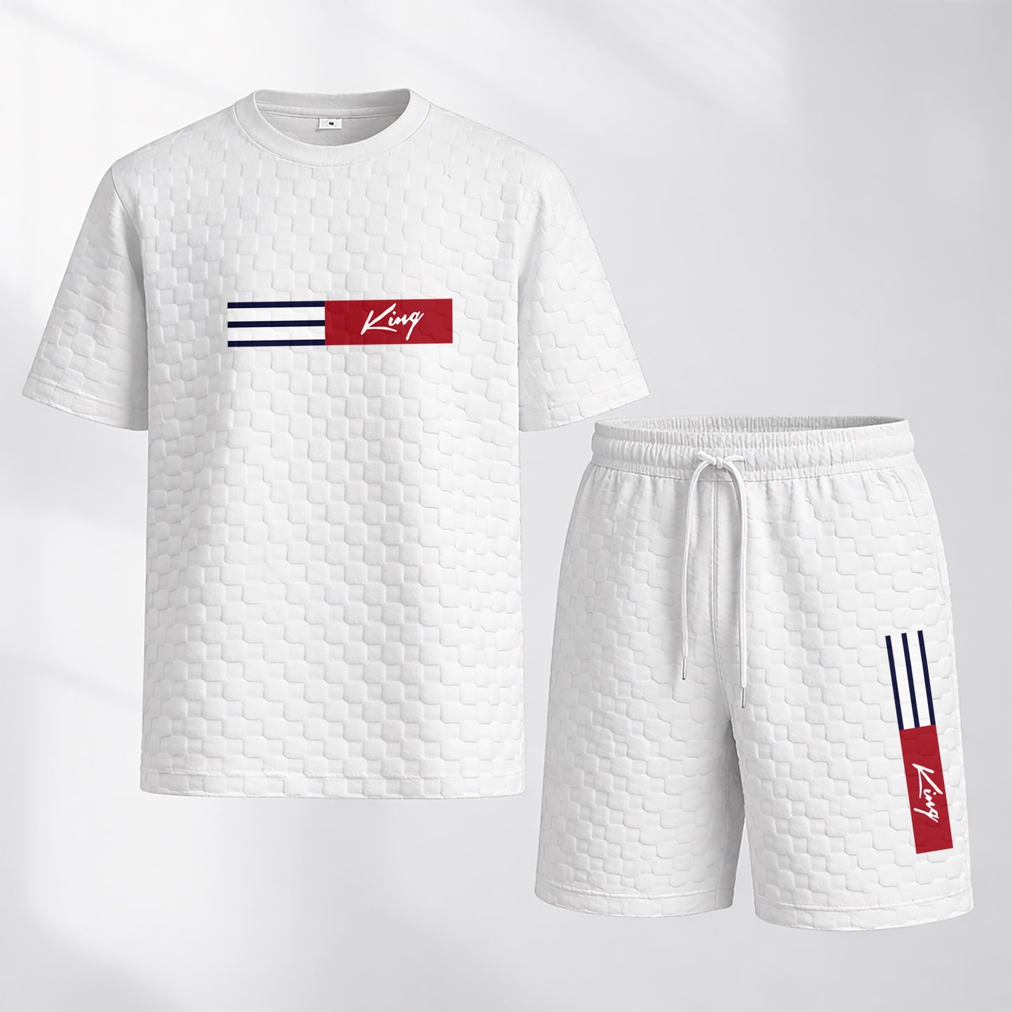 Men's Spring and Summer 'King' Letter Print Checkered Fabric Drawstring Shorts Set, Casual Summer Outfit with Short-Sleeved Shirt and Shorts, Ideal for Everyday Wear and Sports Activities
