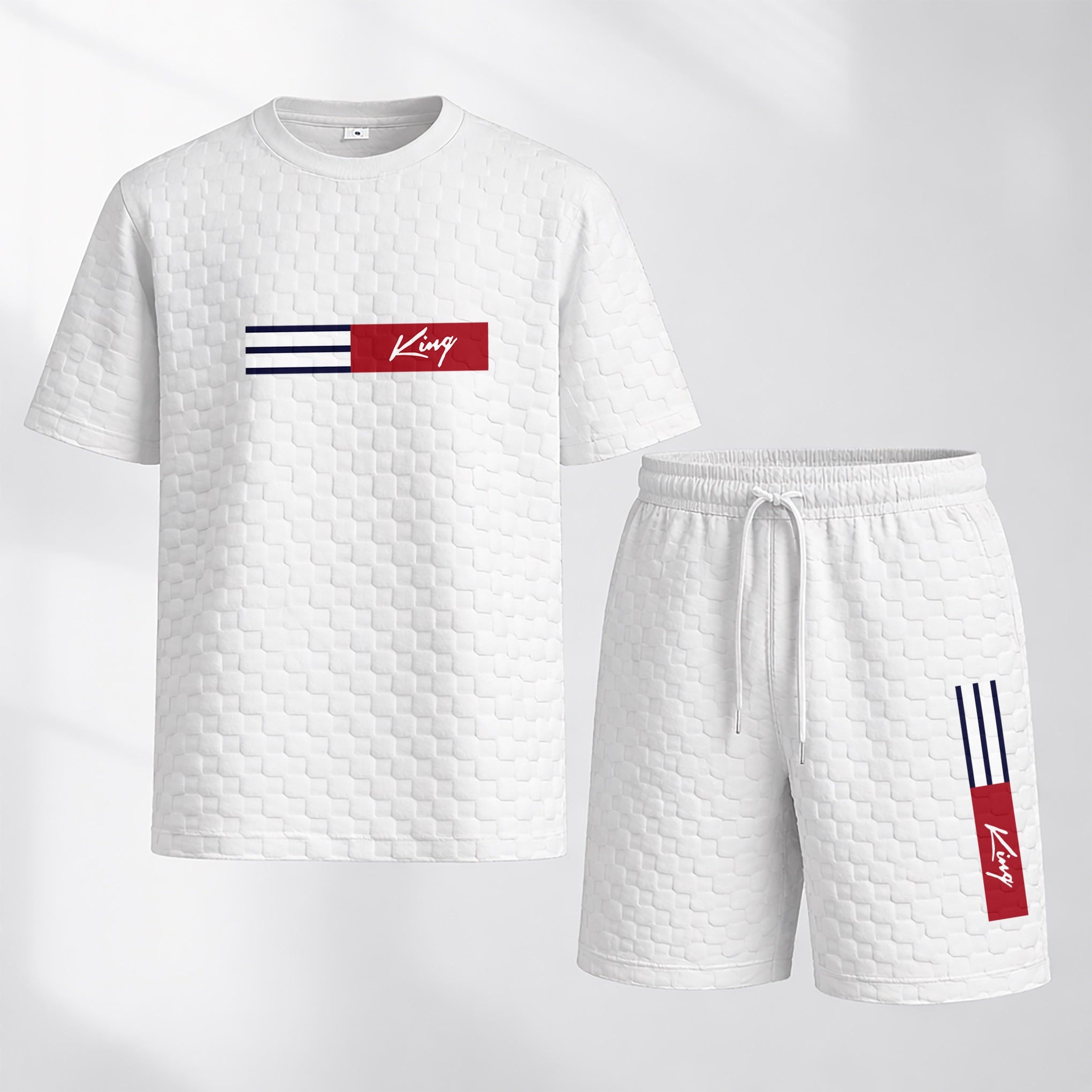 Men's Spring and Summer 'King' Letter Print Checkered Fabric Drawstring Shorts Set, Casual Summer Outfit with Short-Sleeved Shirt and Shorts, Ideal for Everyday Wear and Sports Activities