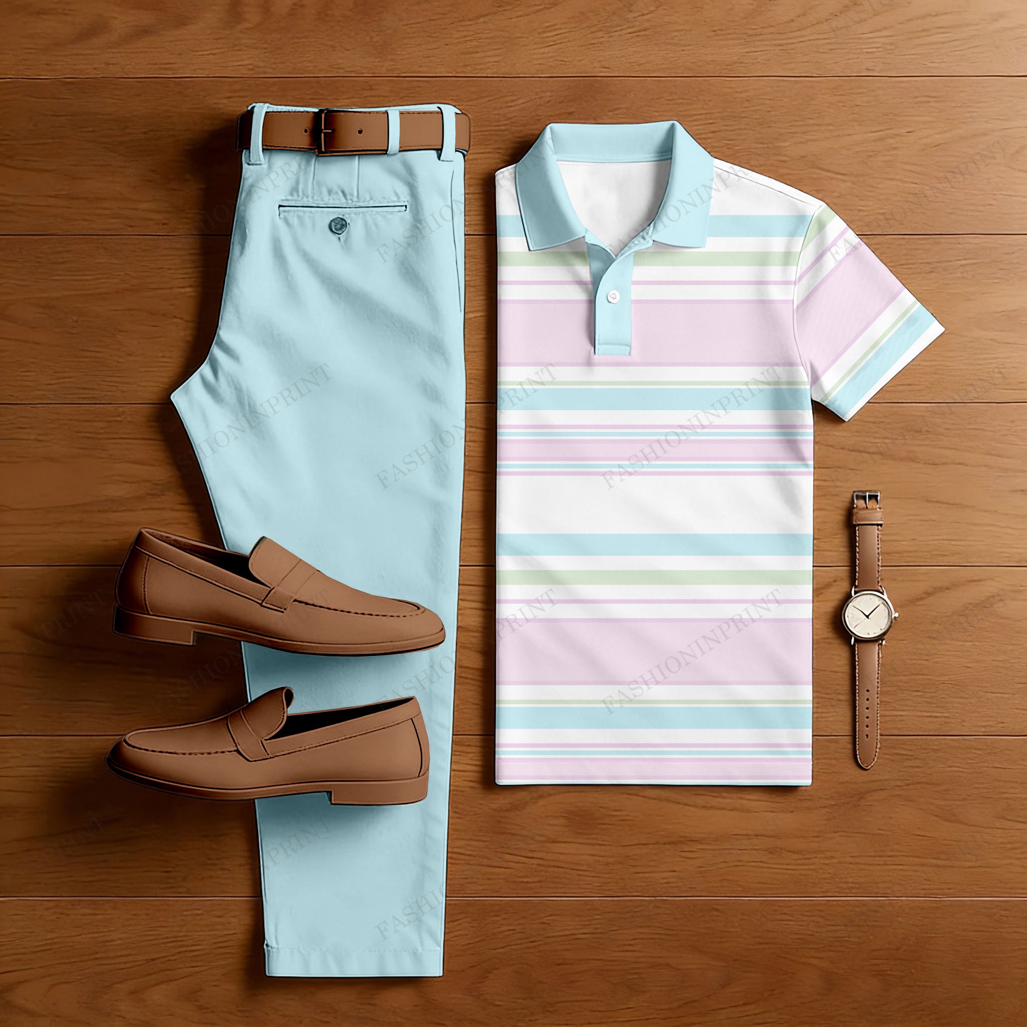 Men's Casual Blue & Pink Stripes Printed Polo Shirt And Pants Two-Piece Set