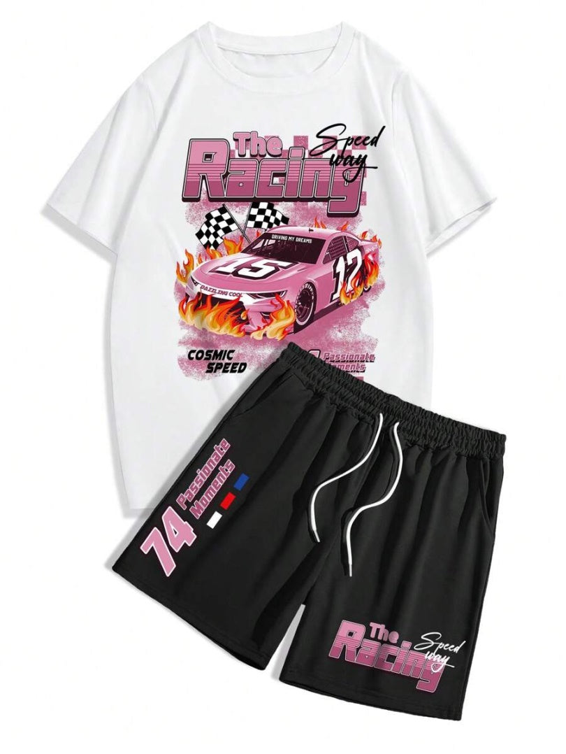 Men's Summer Car Print Round Neck Set 260