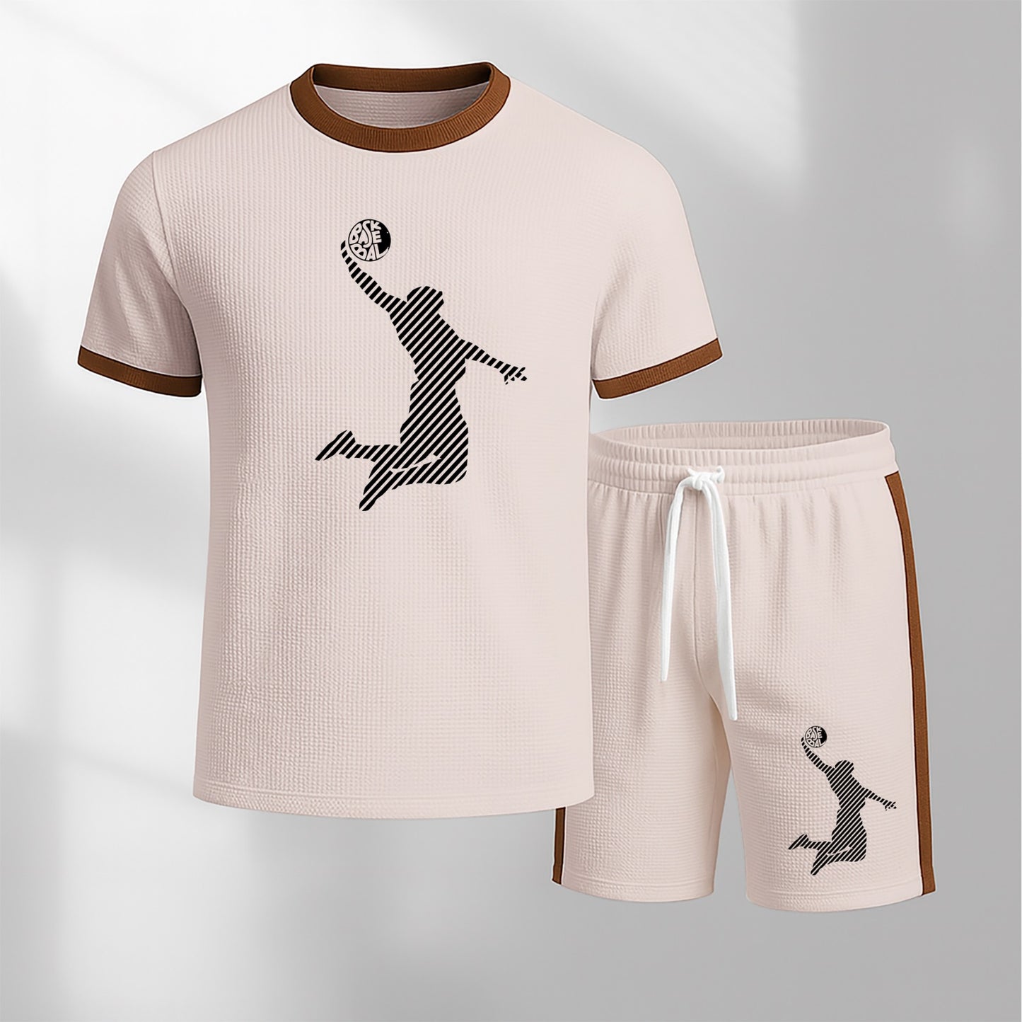 Men's Basketball Pattern Short-Sleeve T-Shirt and Drawstring Shorts Set, Men's Clothing, Casual Sporty Short-Sleeve Top and Shorts, Summer Men's Everyday Wear, Indoor and Outdoor Sportswear, Athletic Set