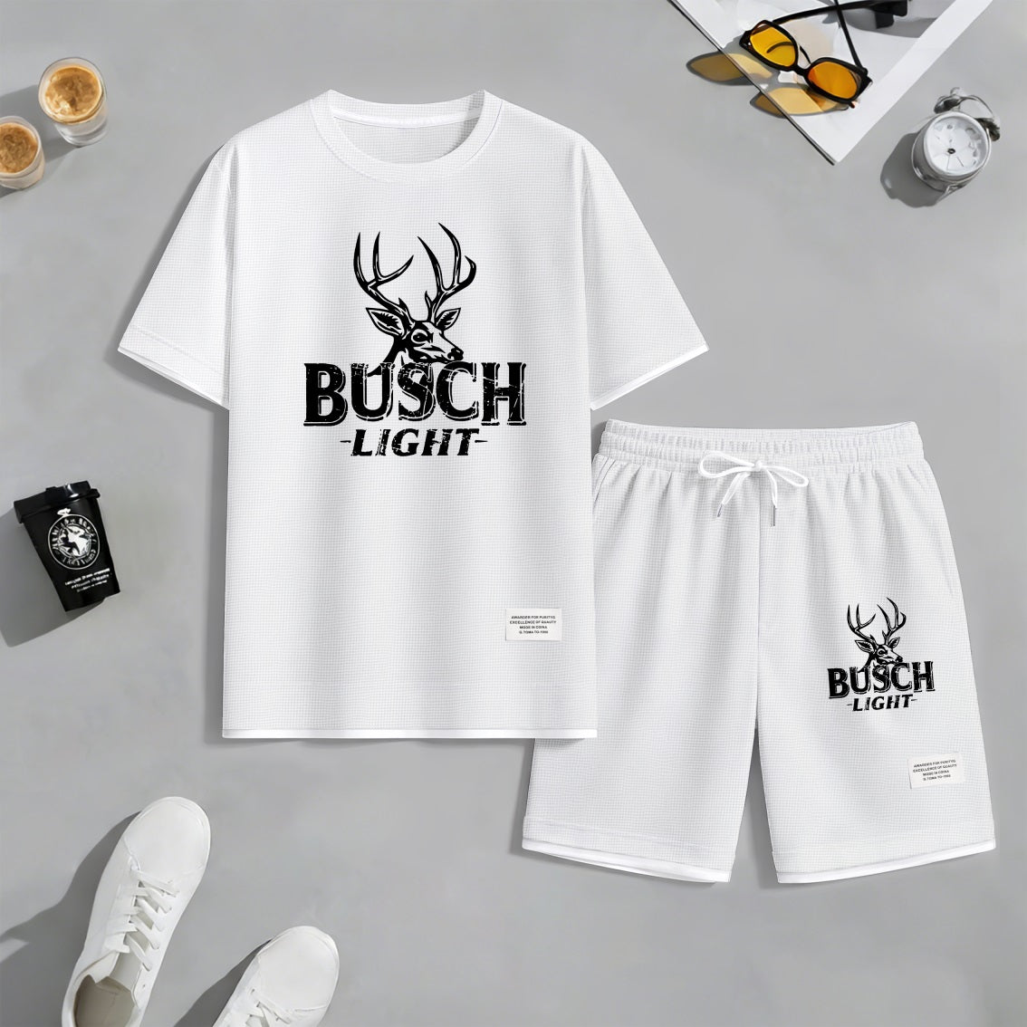 Men's Retro Outdoor Lifestyle Beer Print Waffle Fabric Short-Sleeved Shirt And Shorts Set