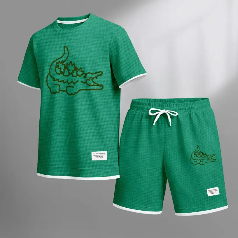 Men's Monster Crocodile Print Waffle Fabric Short-Sleeved Shirt And Shorts Set