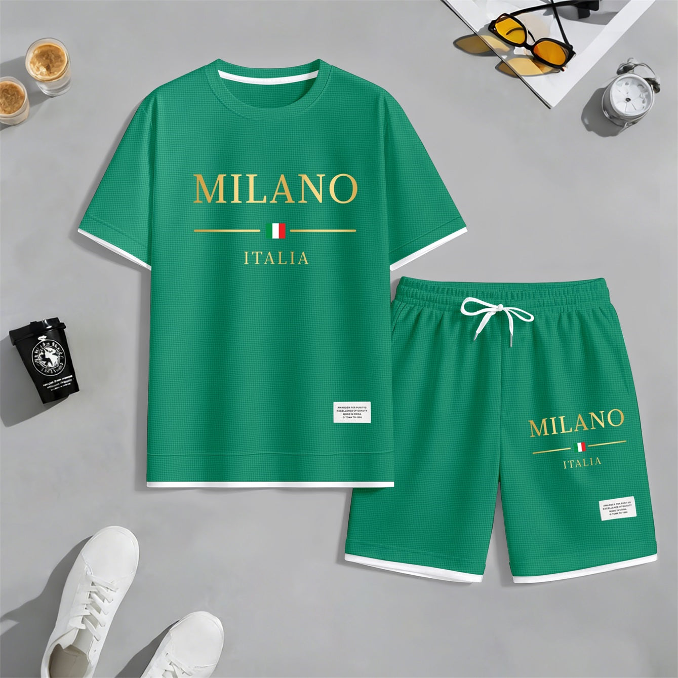 Men's Golden Milano Italy Print Waffle Fabric Short-Sleeved Shirt And Shorts Set02