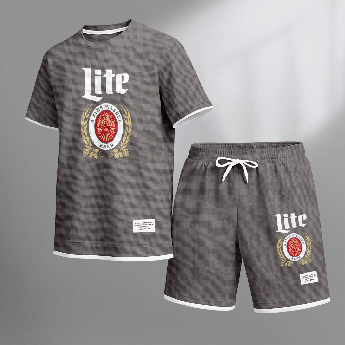 Men's Refreshing Beer Print Waffle Fabric Short-Sleeved Shirt And Shorts Set