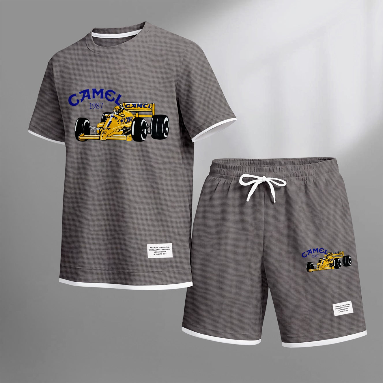 Men's Classic Racing Print Waffle Fabric Short-Sleeved Shirt And Shorts Set 02