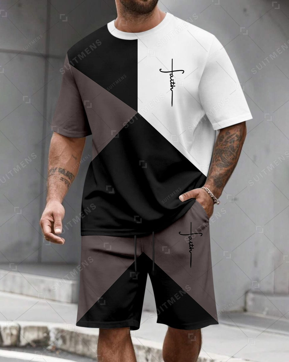 Men's Summer Colorblock Printed Round Neck Set 485